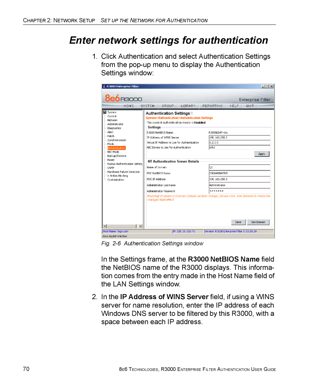 8e6 Technologies R3000 manual Enter network settings for authentication, Authentication Settings window 