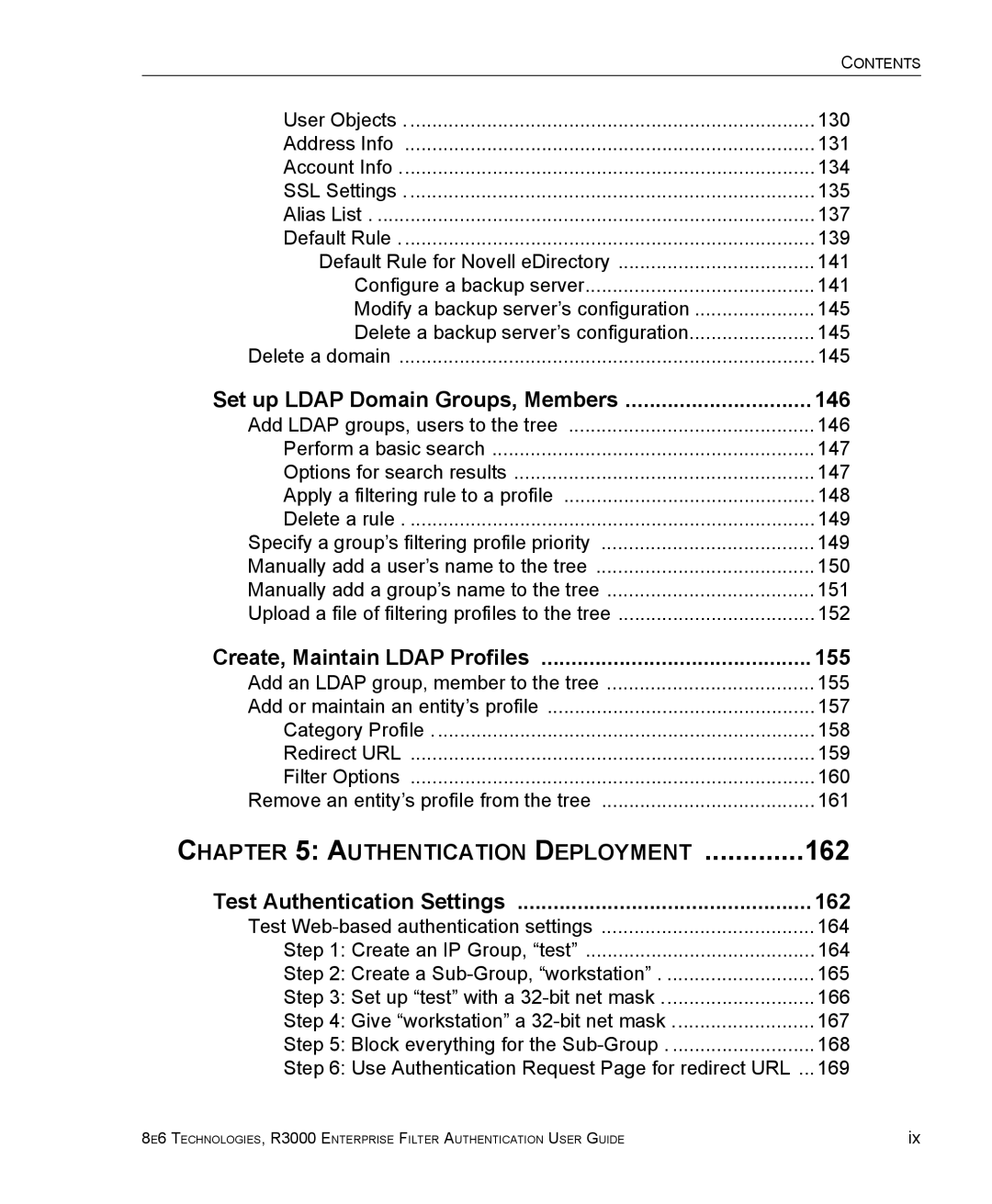 8e6 Technologies R3000 manual 146, 155, Test Authentication Settings 162 