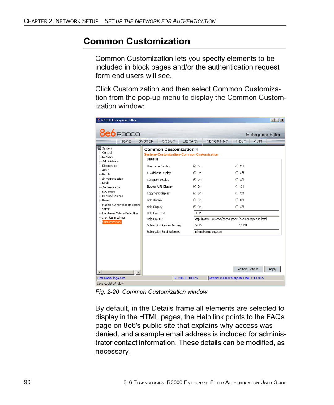 8e6 Technologies R3000 manual Common Customization window 