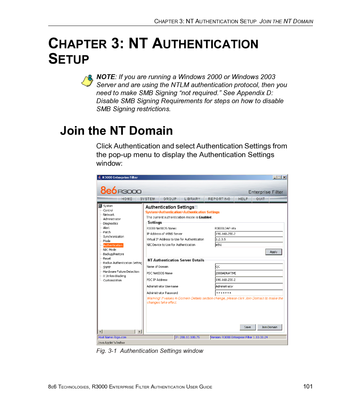8e6 Technologies R3000 manual Join the NT Domain, Authentication Settings window 