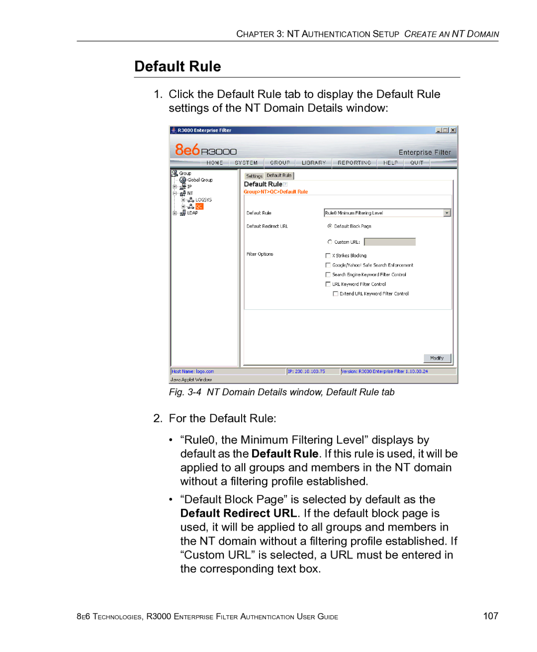 8e6 Technologies R3000 manual NT Domain Details window, Default Rule tab 