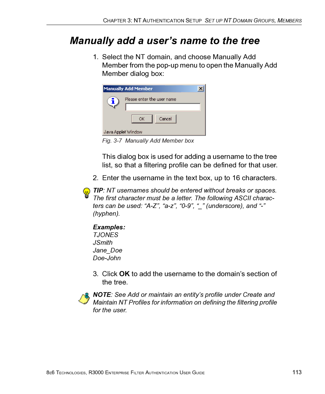 8e6 Technologies R3000 manual Manually add a user’s name to the tree, Manually Add Member box 