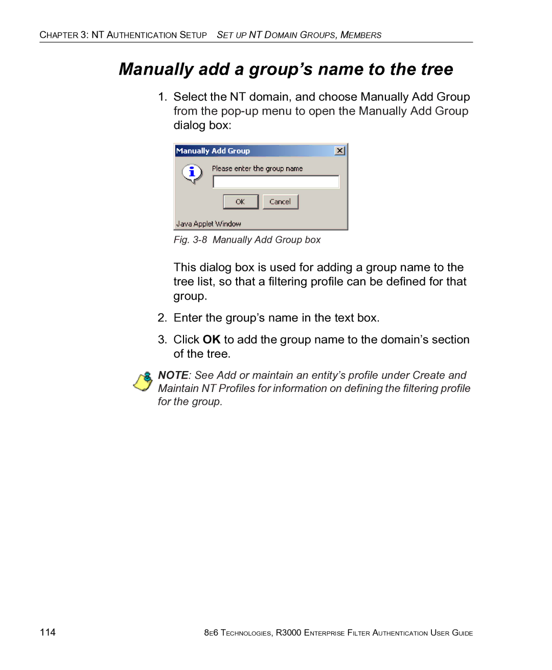 8e6 Technologies R3000 manual Manually add a group’s name to the tree, 114 