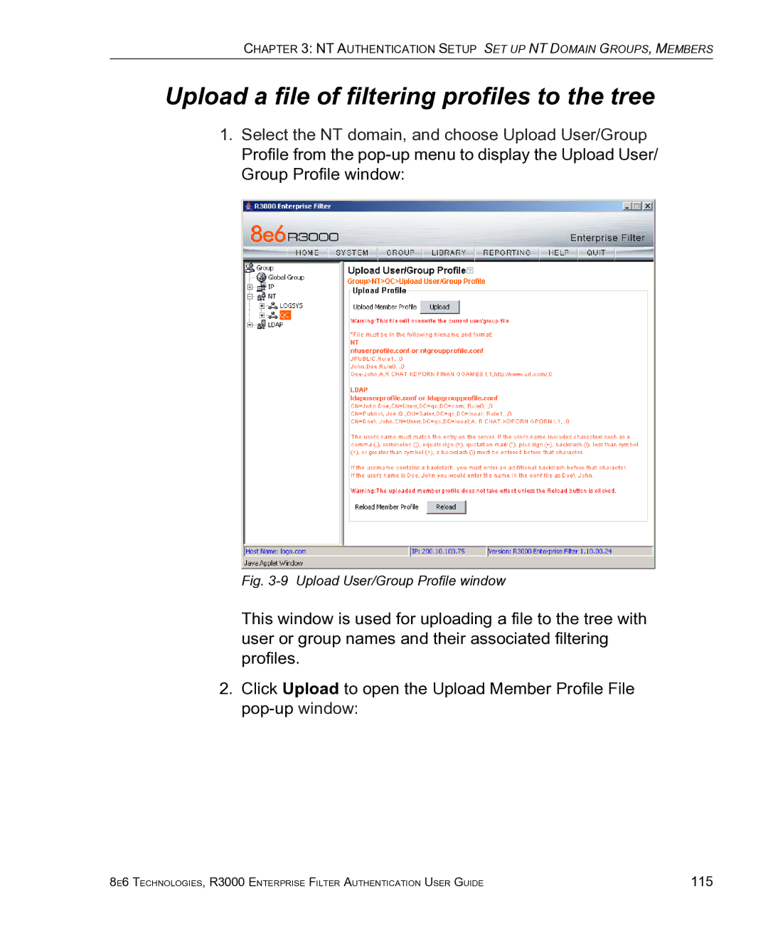 8e6 Technologies R3000 manual Upload a file of filtering profiles to the tree, Upload User/Group Profile window 