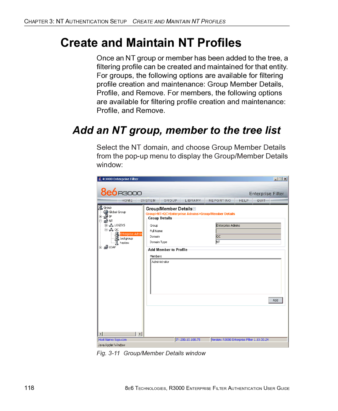 8e6 Technologies R3000 manual Create and Maintain NT Profiles, Add an NT group, member to the tree list, 118 