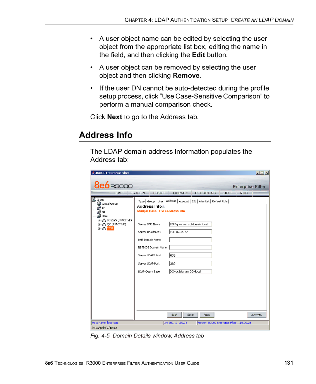 8e6 Technologies R3000 manual Address Info, Ldap domain address information populates the Address tab 
