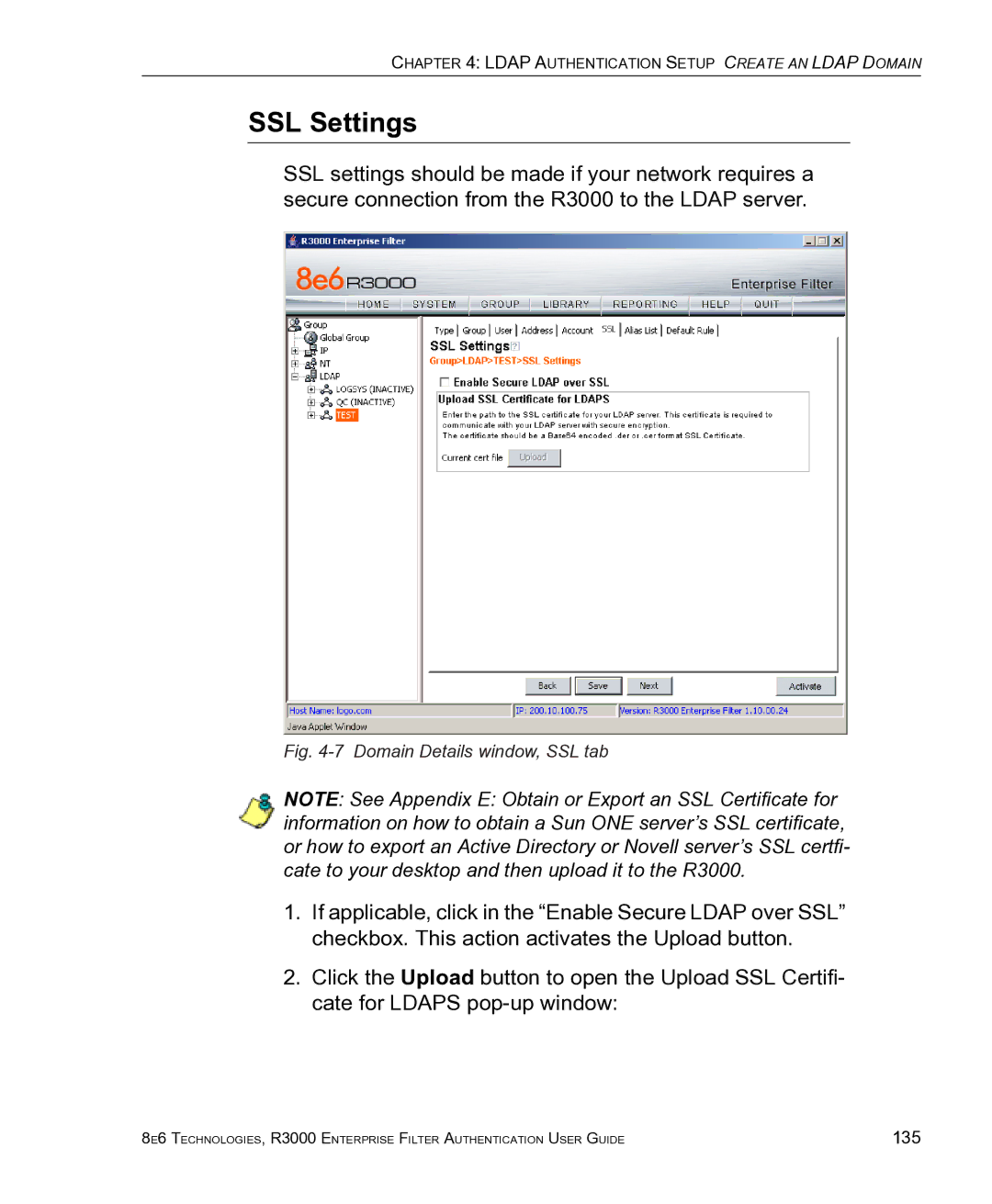 8e6 Technologies R3000 manual SSL Settings, Domain Details window, SSL tab 