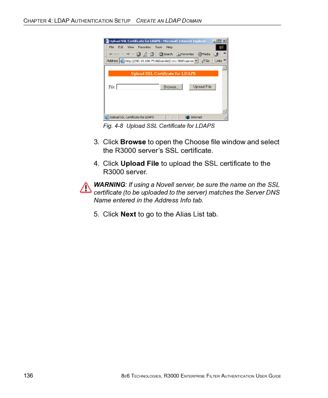 8e6 Technologies R3000 manual Upload SSL Certificate for Ldaps, 136 
