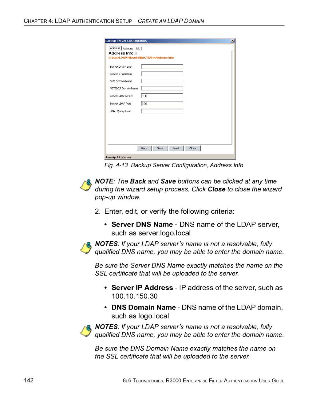 8e6 Technologies R3000 manual Backup Server Configuration, Address Info, 142 