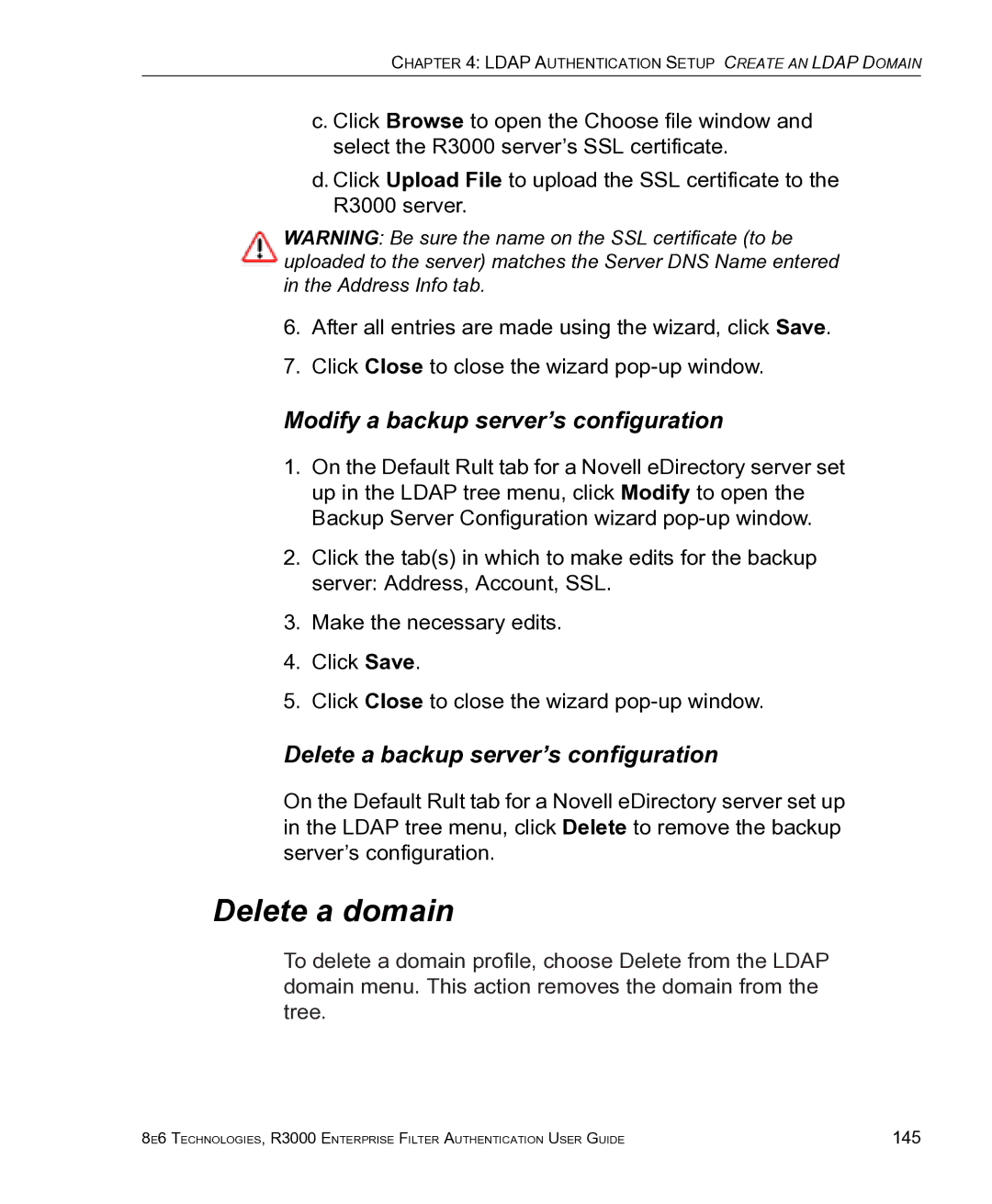 8e6 Technologies R3000 manual Delete a domain, Modify a backup server’s configuration 