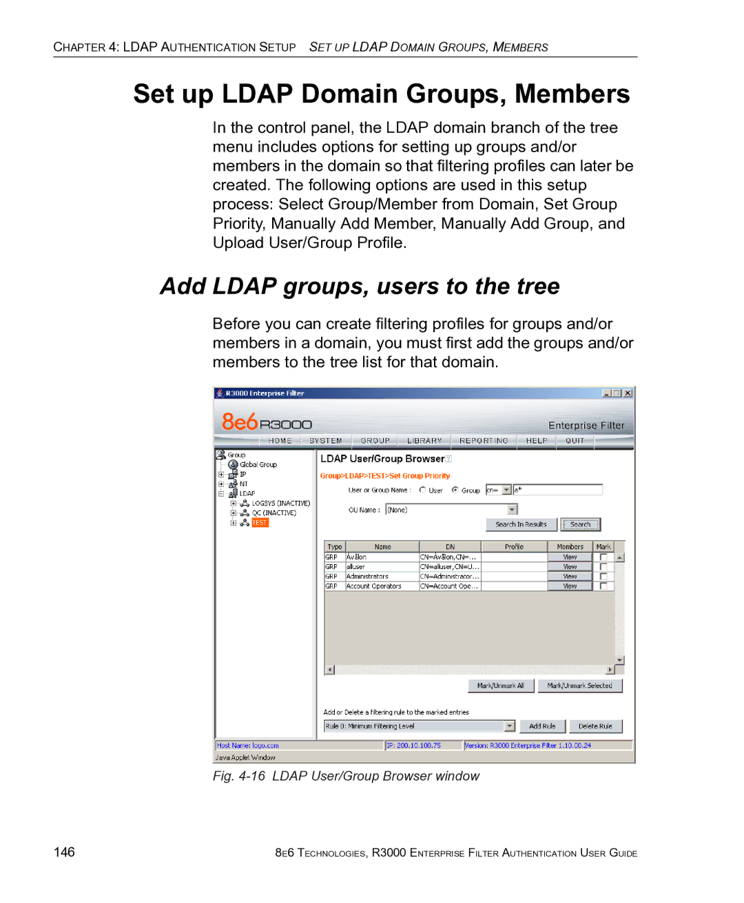 8e6 Technologies R3000 manual Set up Ldap Domain Groups, Members, Add Ldap groups, users to the tree, 146 