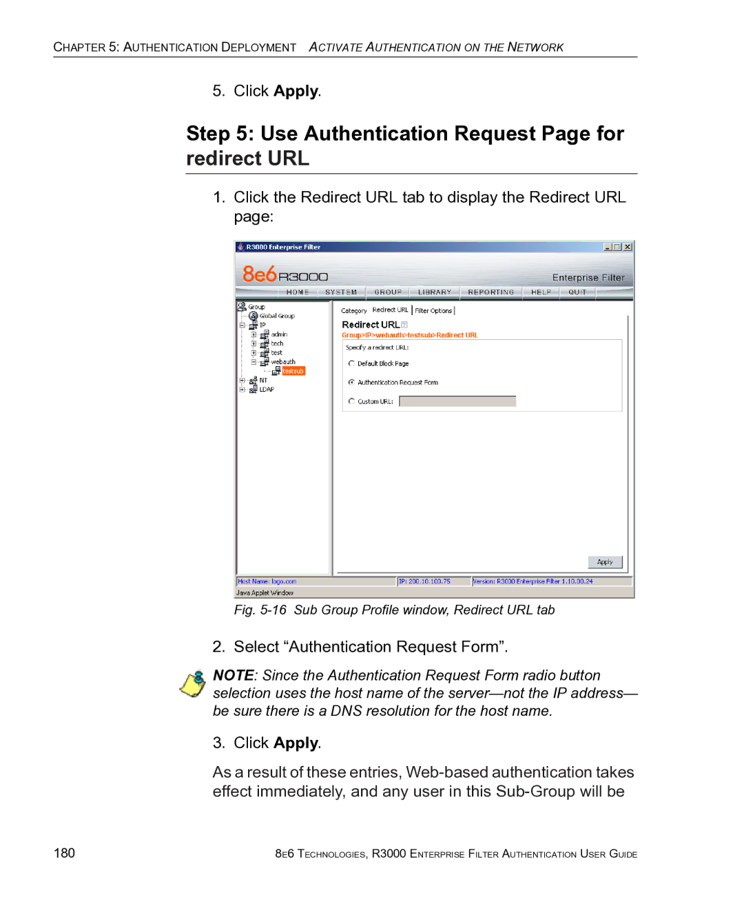 8e6 Technologies R3000 manual Sub Group Profile window, Redirect URL tab, 180 