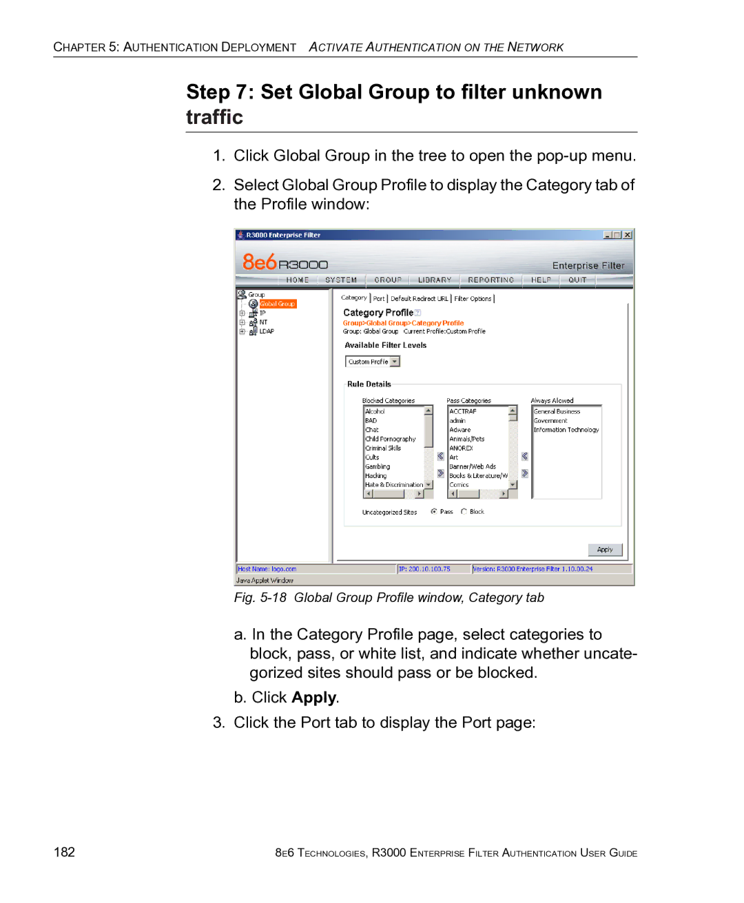 8e6 Technologies R3000 manual Set Global Group to filter unknown traffic, 182 