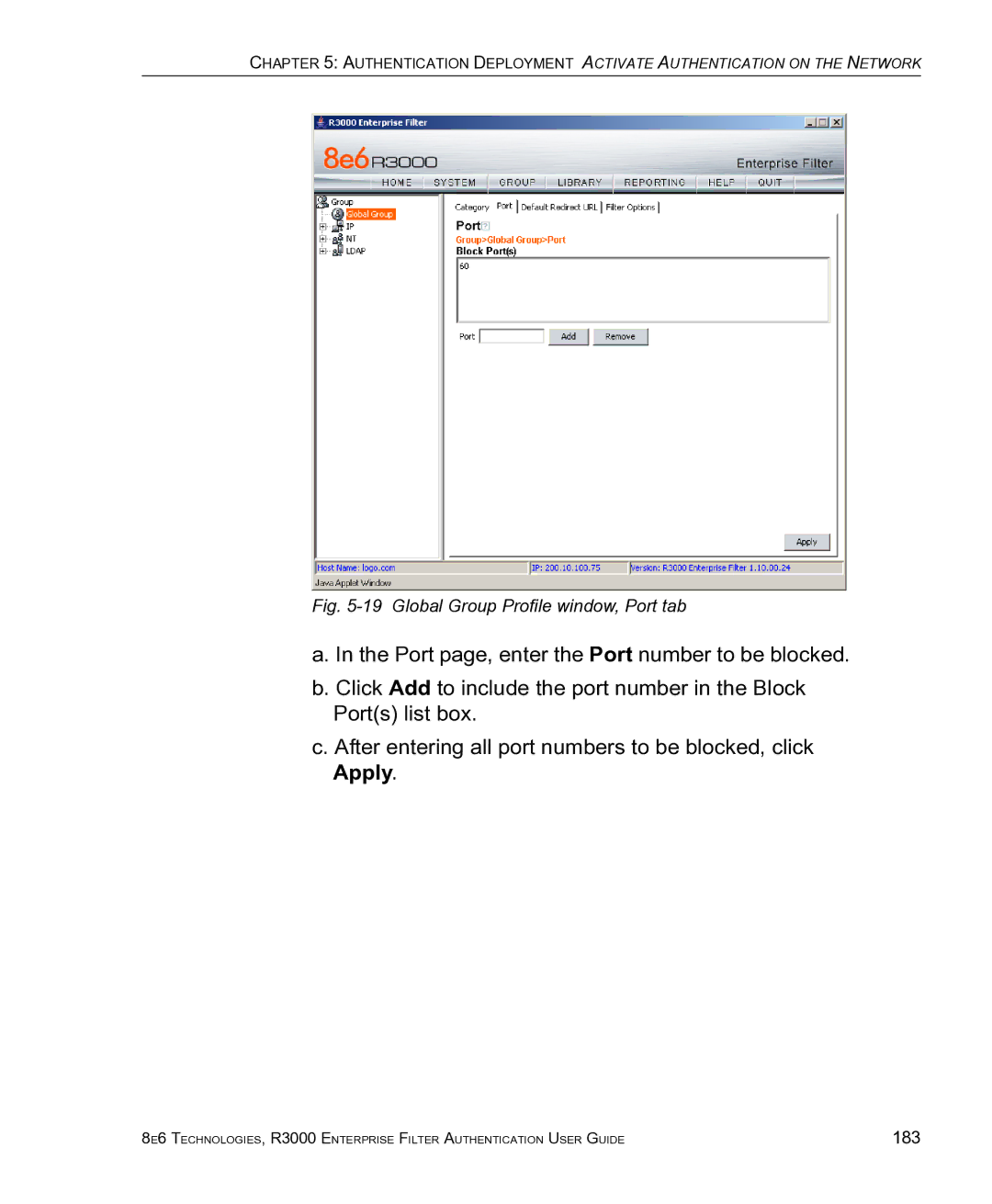 8e6 Technologies R3000 manual Global Group Profile window, Port tab 