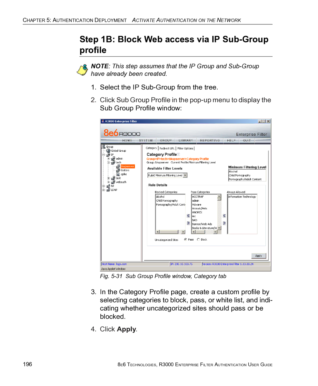 8e6 Technologies R3000 manual Block Web access via IP Sub-Group profile, 196 