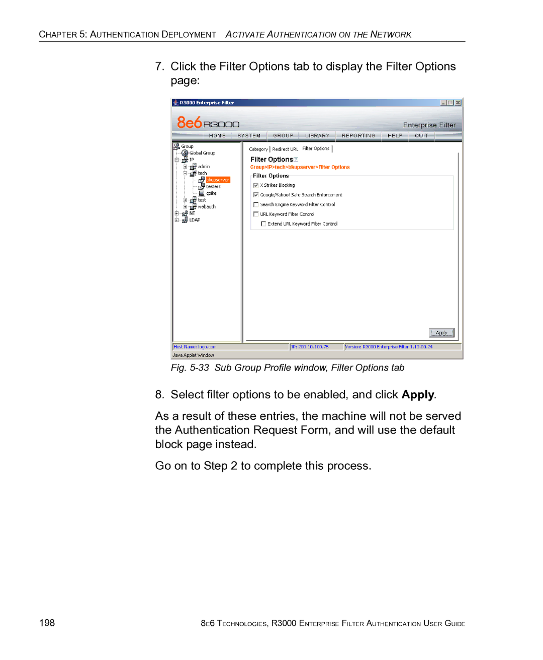 8e6 Technologies R3000 manual Sub Group Profile window, Filter Options tab, 198 