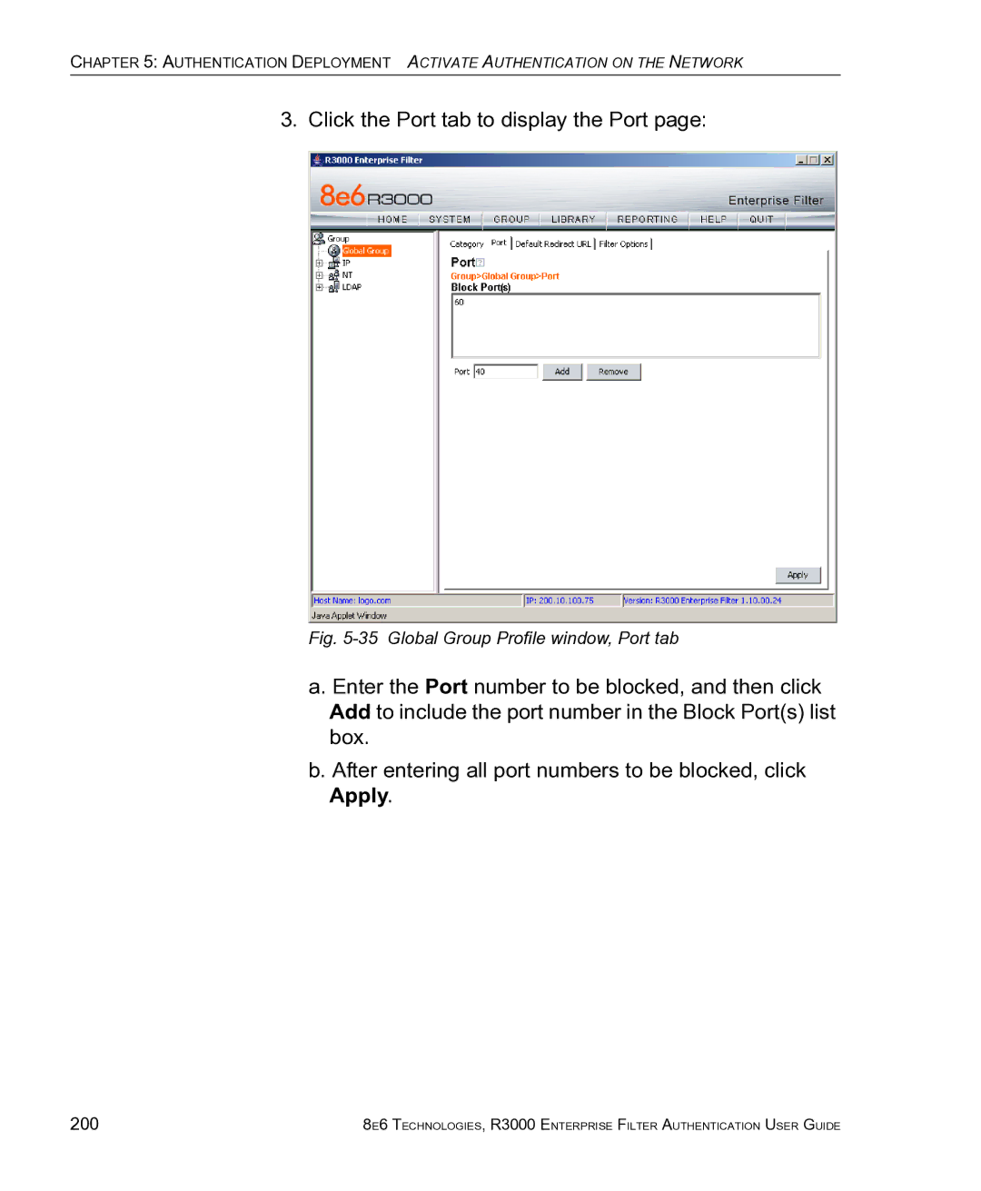 8e6 Technologies R3000 manual Global Group Profile window, Port tab, 200 