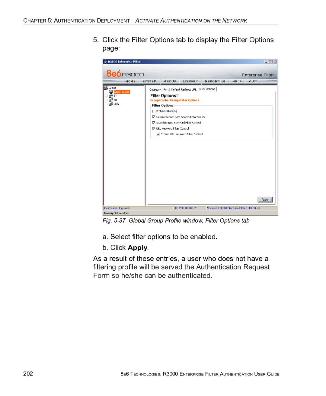 8e6 Technologies R3000 manual Global Group Profile window, Filter Options tab, 202 