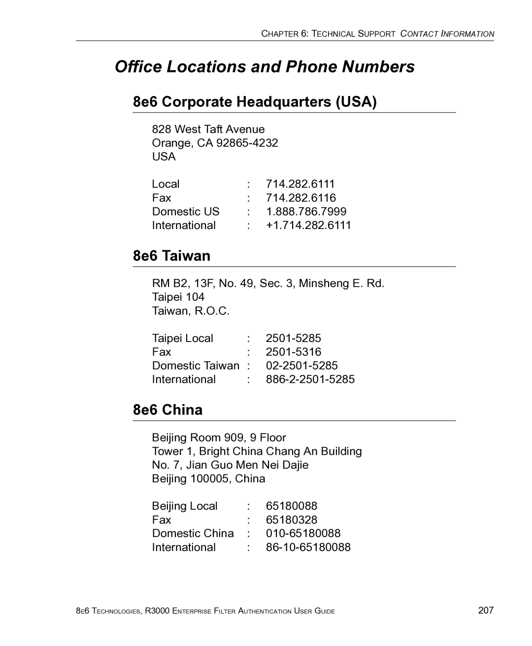 8e6 Technologies R3000 manual Office Locations and Phone Numbers, 8e6 Corporate Headquarters USA, 8e6 Taiwan, 8e6 China 