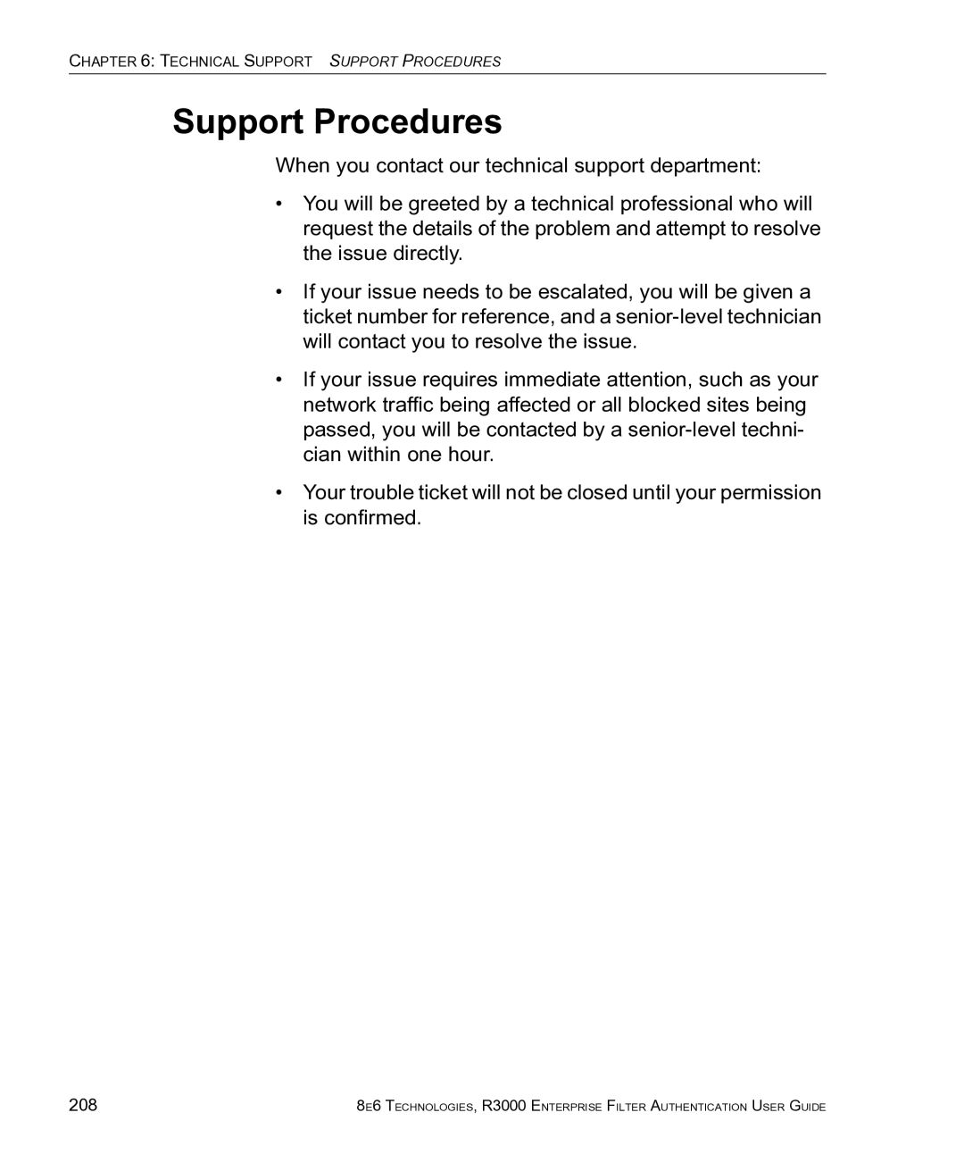 8e6 Technologies R3000 manual Support Procedures, 208 