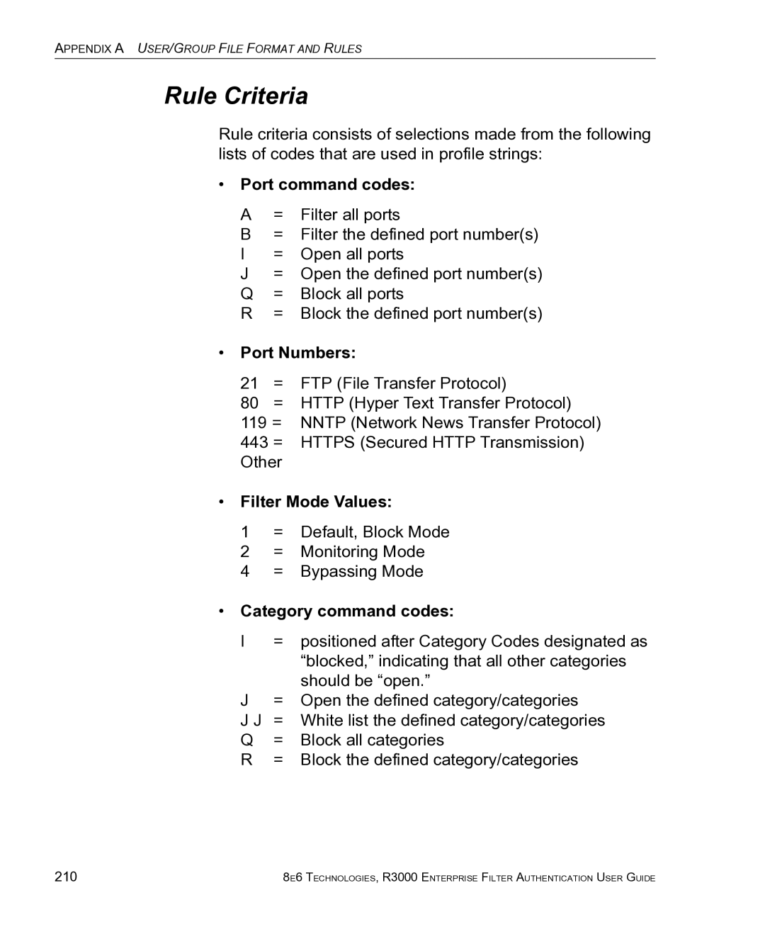 8e6 Technologies R3000 manual Rule Criteria, Port command codes, Port Numbers, Filter Mode Values, Category command codes 