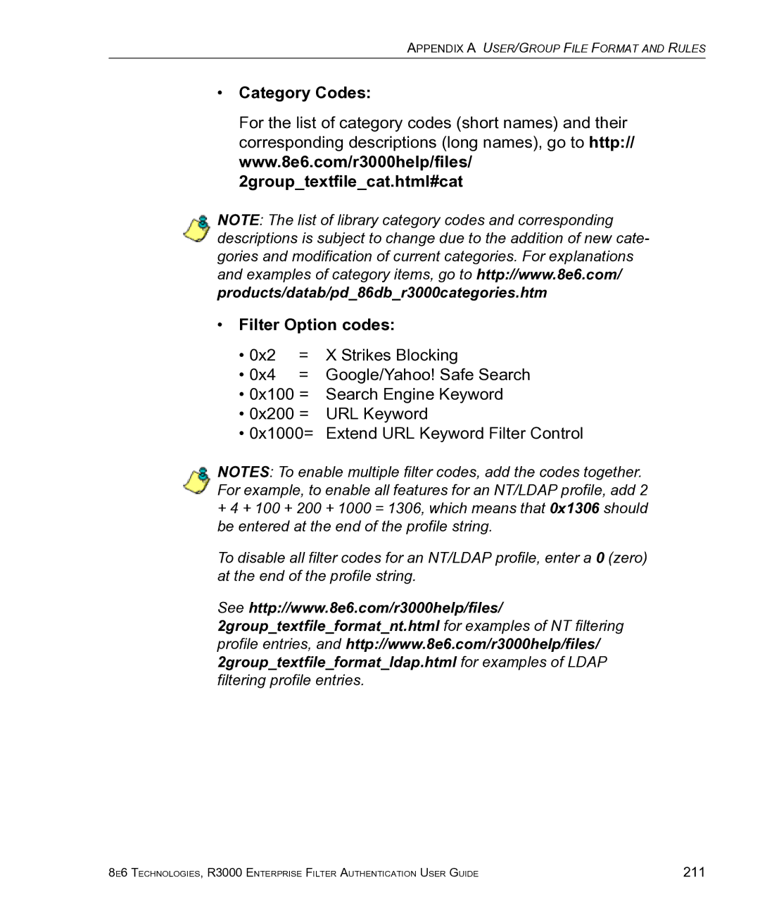 8e6 Technologies R3000 manual Category Codes Filter Option codes 