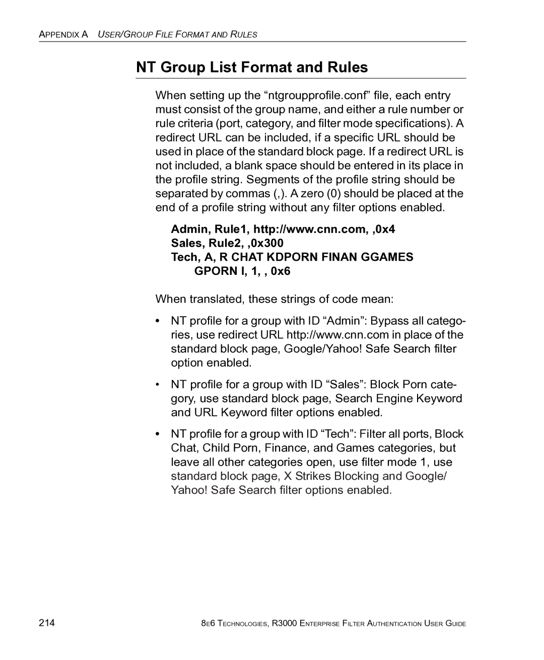 8e6 Technologies R3000 manual NT Group List Format and Rules, 214 