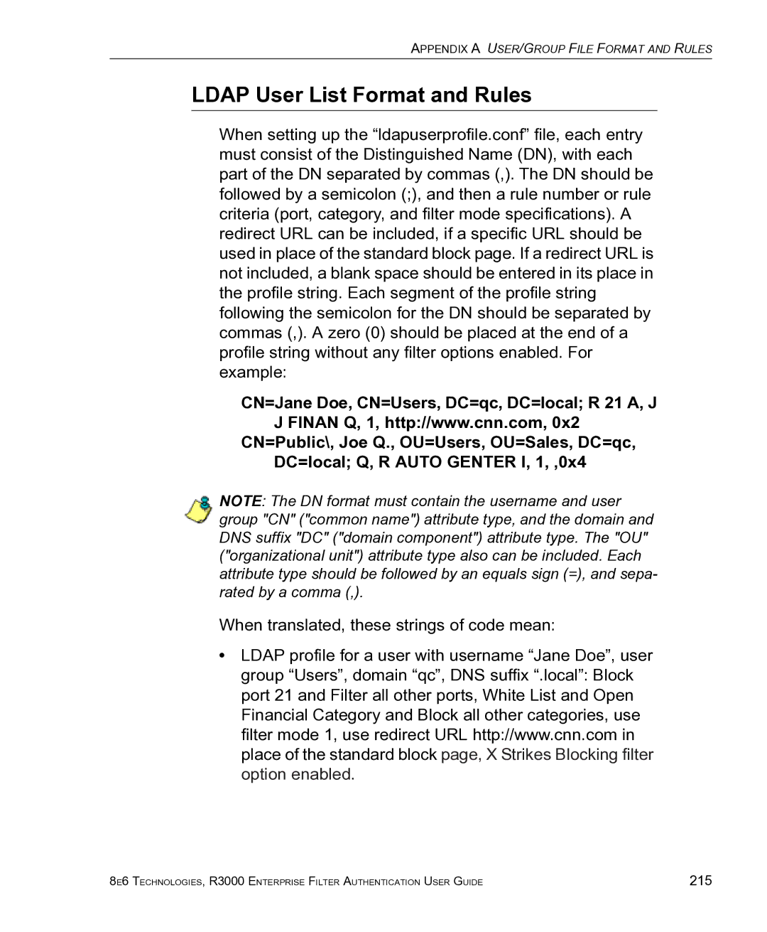 8e6 Technologies R3000 manual Ldap User List Format and Rules, When translated, these strings of code mean 