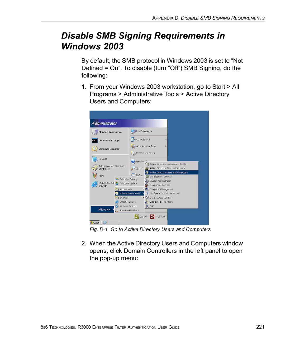 8e6 Technologies R3000 Disable SMB Signing Requirements in Windows, Fig. D-1 Go to Active Directory Users and Computers 