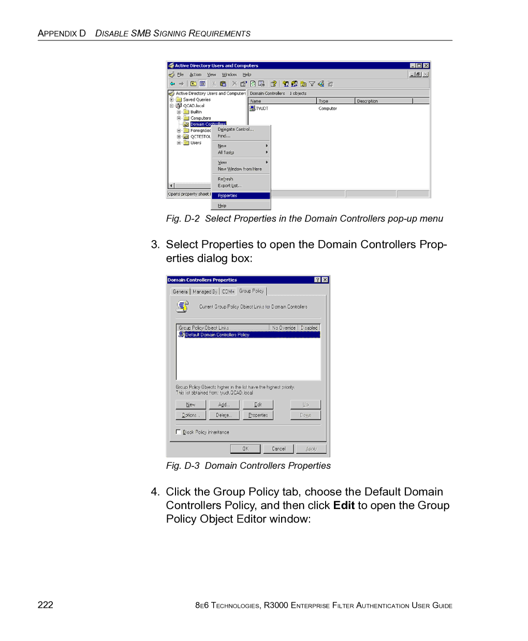 8e6 Technologies R3000 manual Fig. D-3 Domain Controllers Properties, 222 