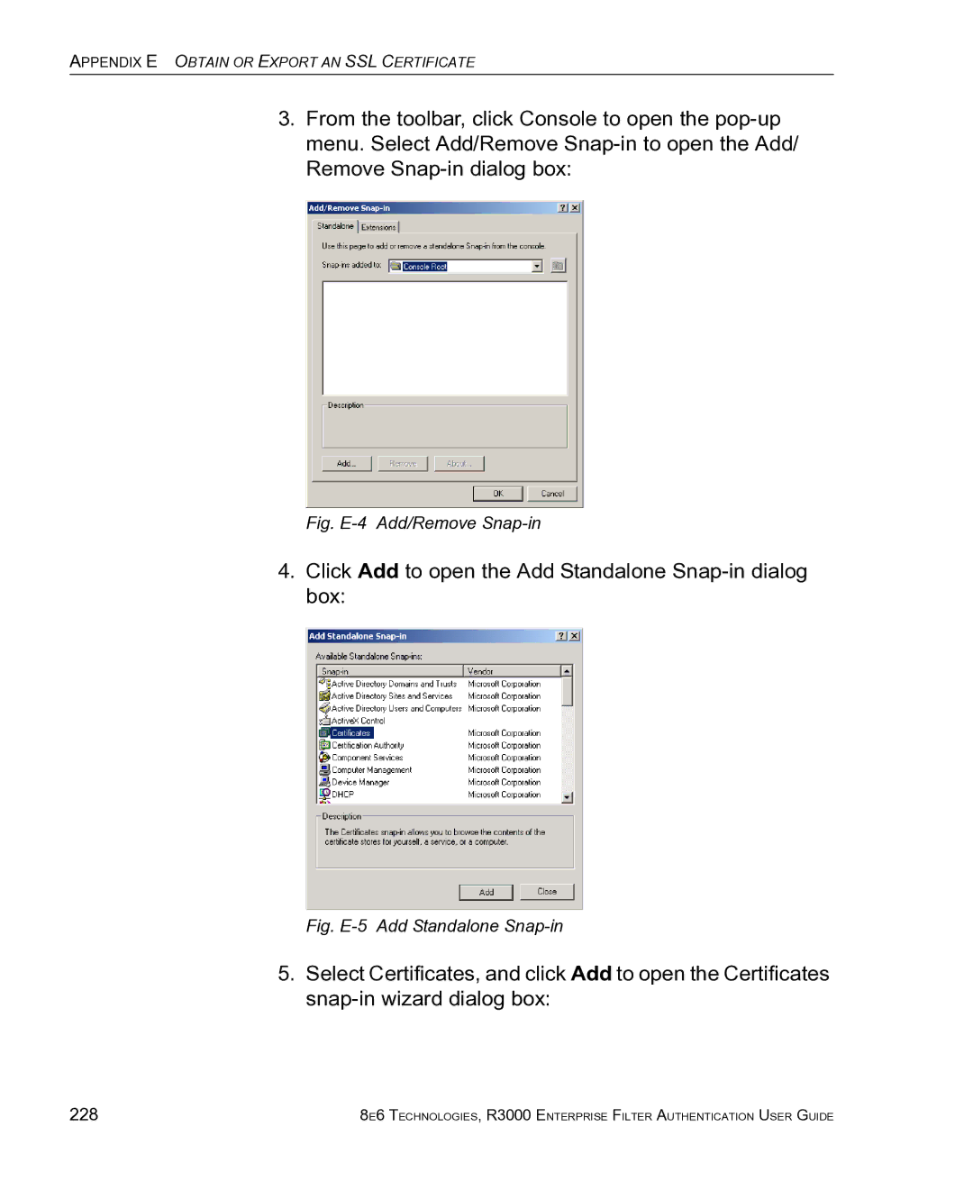 8e6 Technologies R3000 manual Fig. E-4 Add/Remove Snap-in, 228 