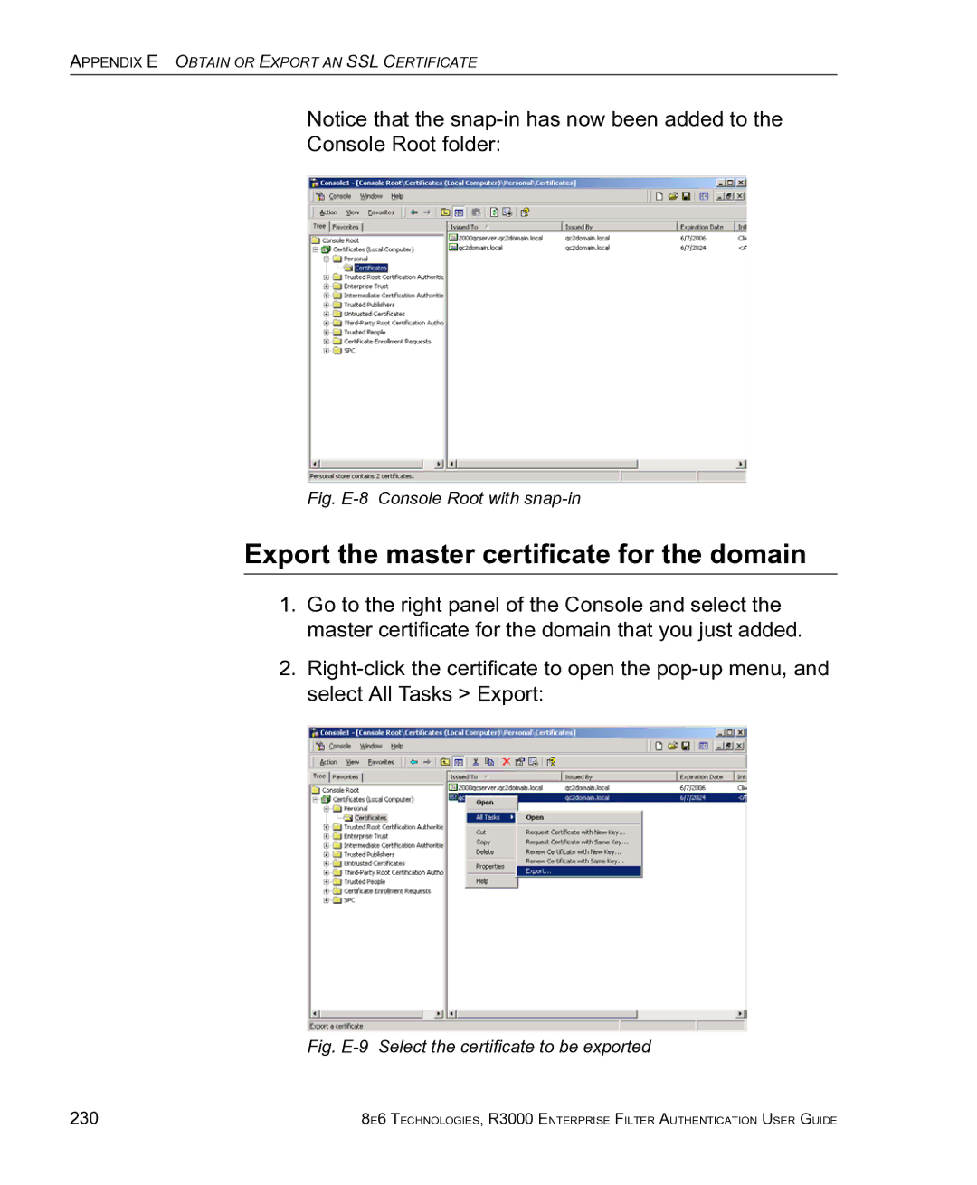 8e6 Technologies R3000 manual Export the master certificate for the domain, 230 