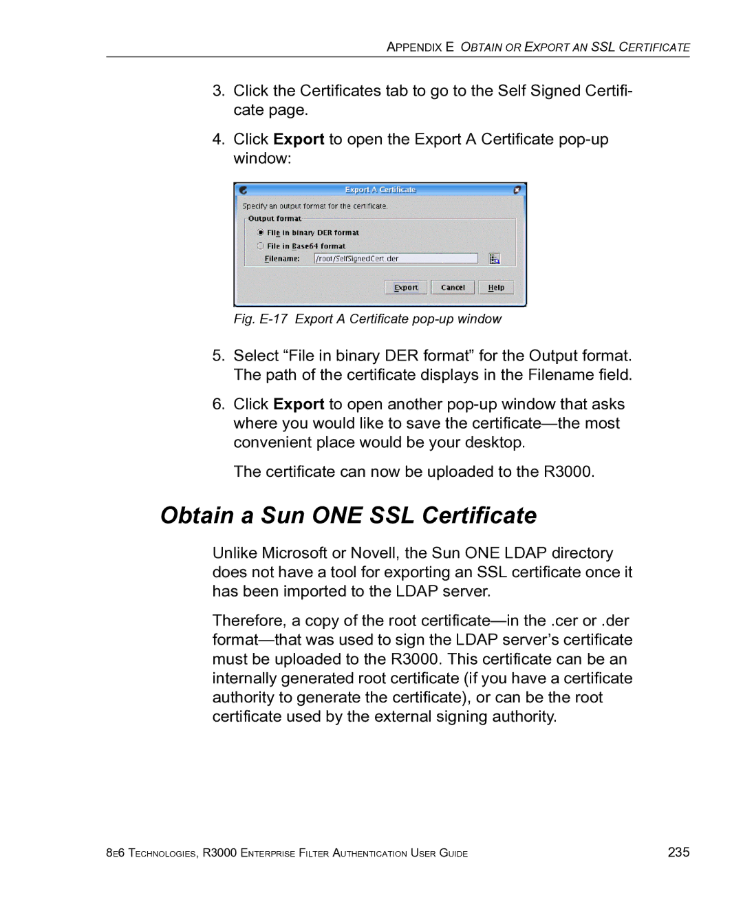 8e6 Technologies R3000 manual Obtain a Sun ONE SSL Certificate, Fig. E-17 Export a Certificate pop-up window 