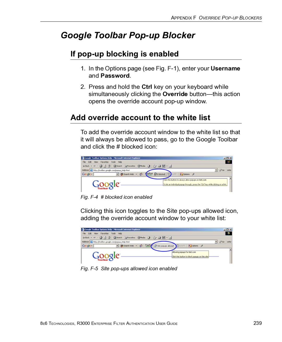 8e6 Technologies R3000 manual Google Toolbar Pop-up Blocker, Fig. F-4 # blocked icon enabled 