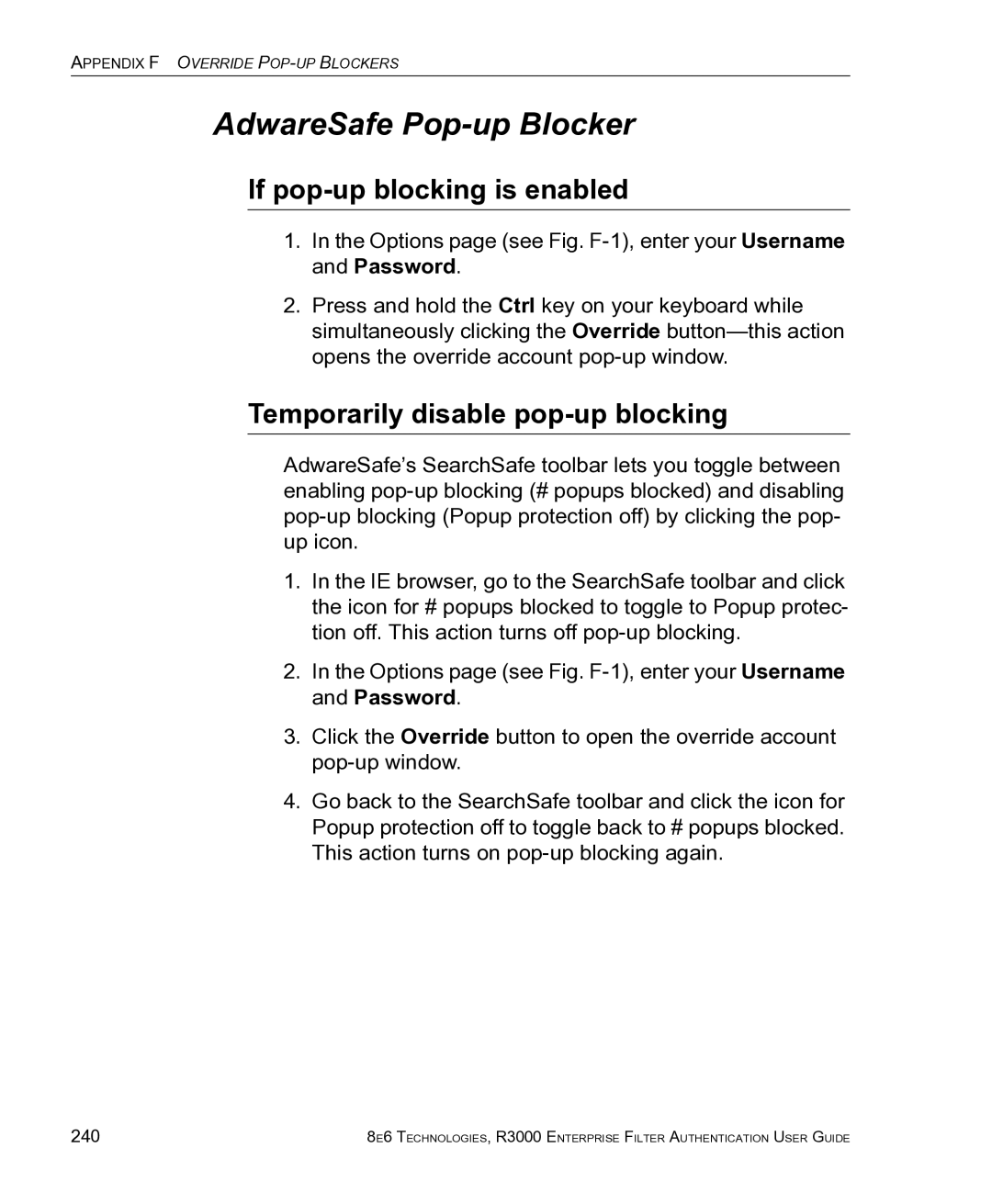 8e6 Technologies R3000 manual AdwareSafe Pop-up Blocker, Temporarily disable pop-up blocking, 240 