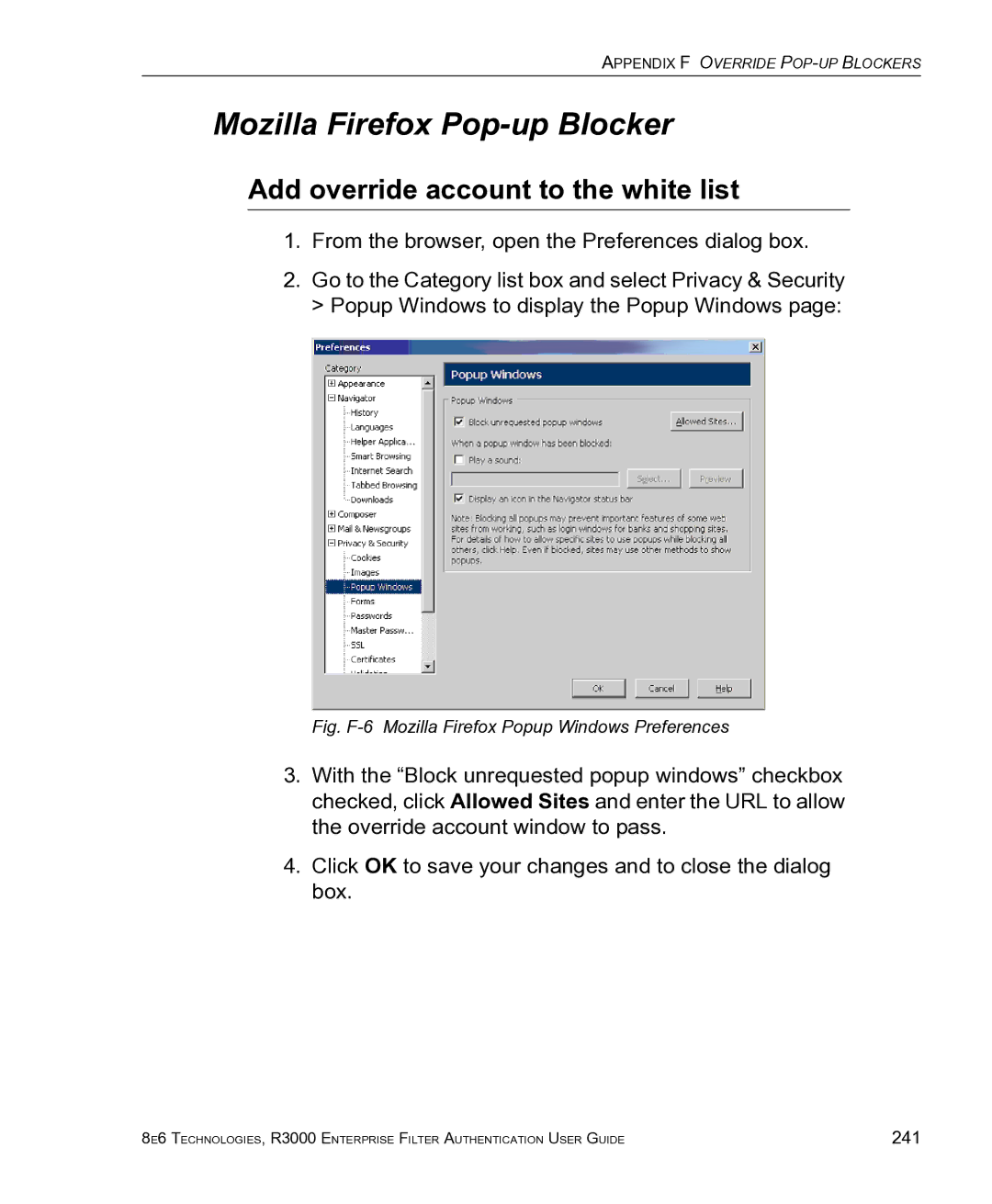 8e6 Technologies R3000 manual Mozilla Firefox Pop-up Blocker, Fig. F-6 Mozilla Firefox Popup Windows Preferences 