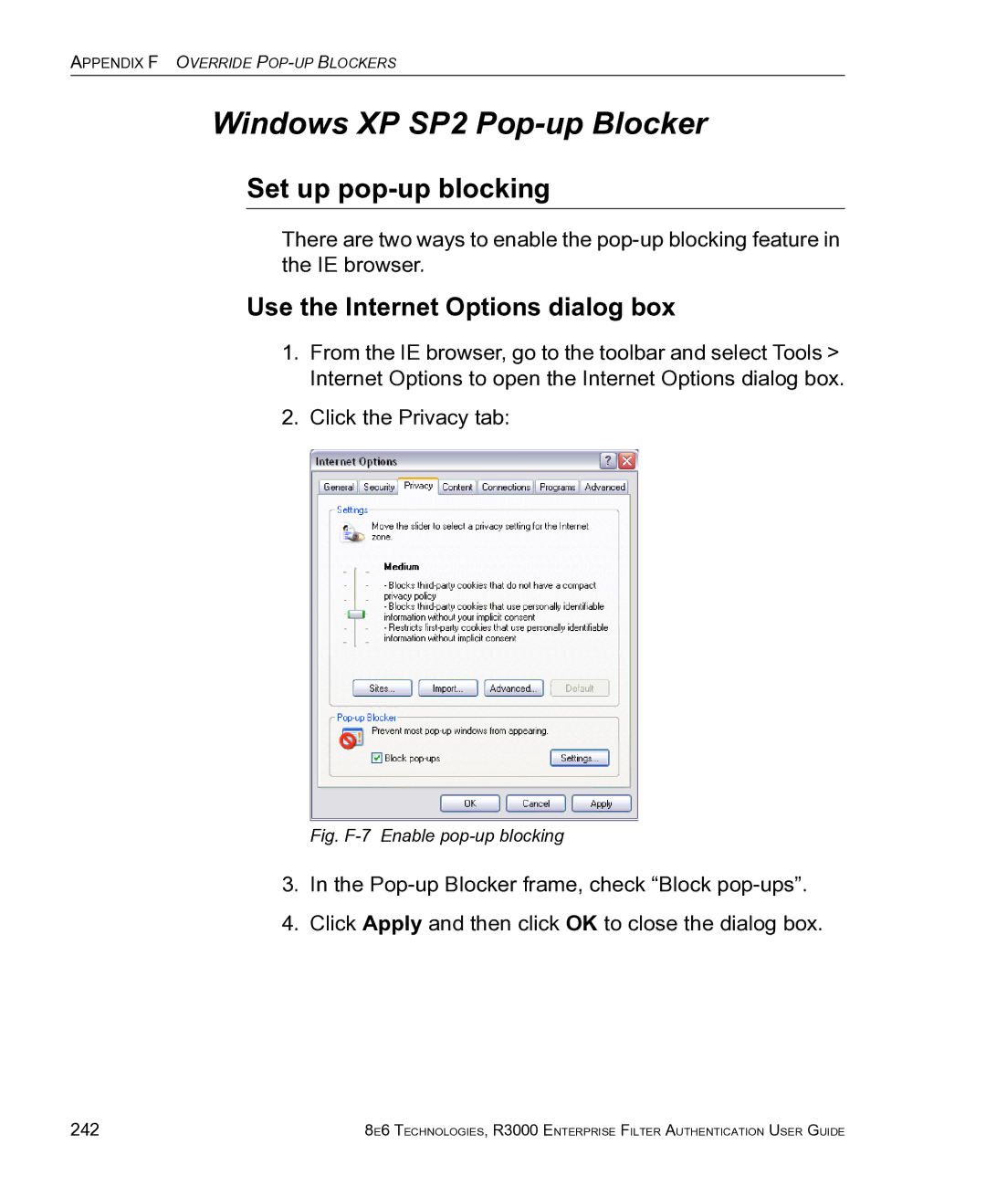 8e6 Technologies R3000 Windows XP SP2 Pop-up Blocker, Set up pop-up blocking, Use the Internet Options dialog box, 242 