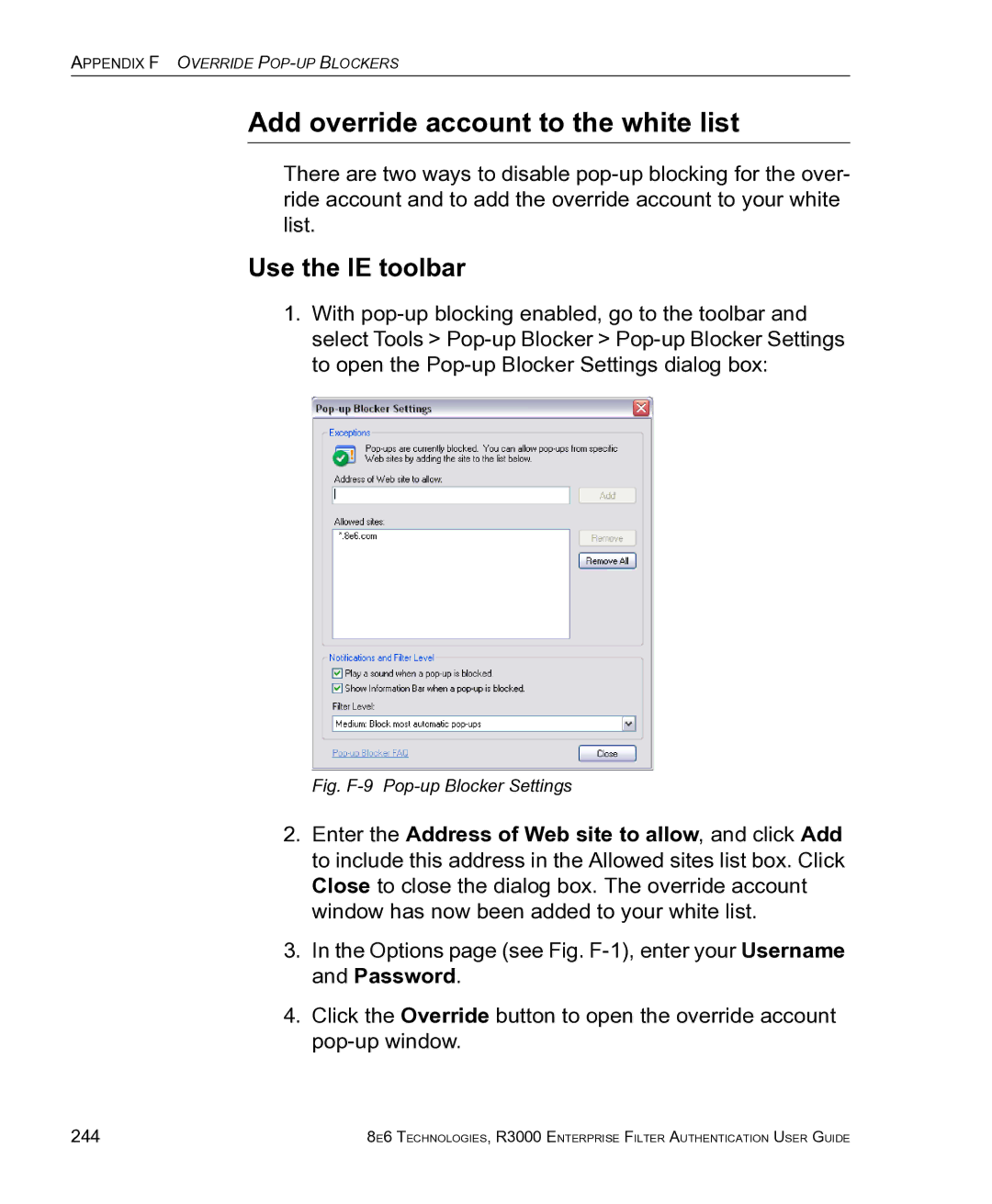 8e6 Technologies R3000 manual Fig. F-9 Pop-up Blocker Settings, 244 