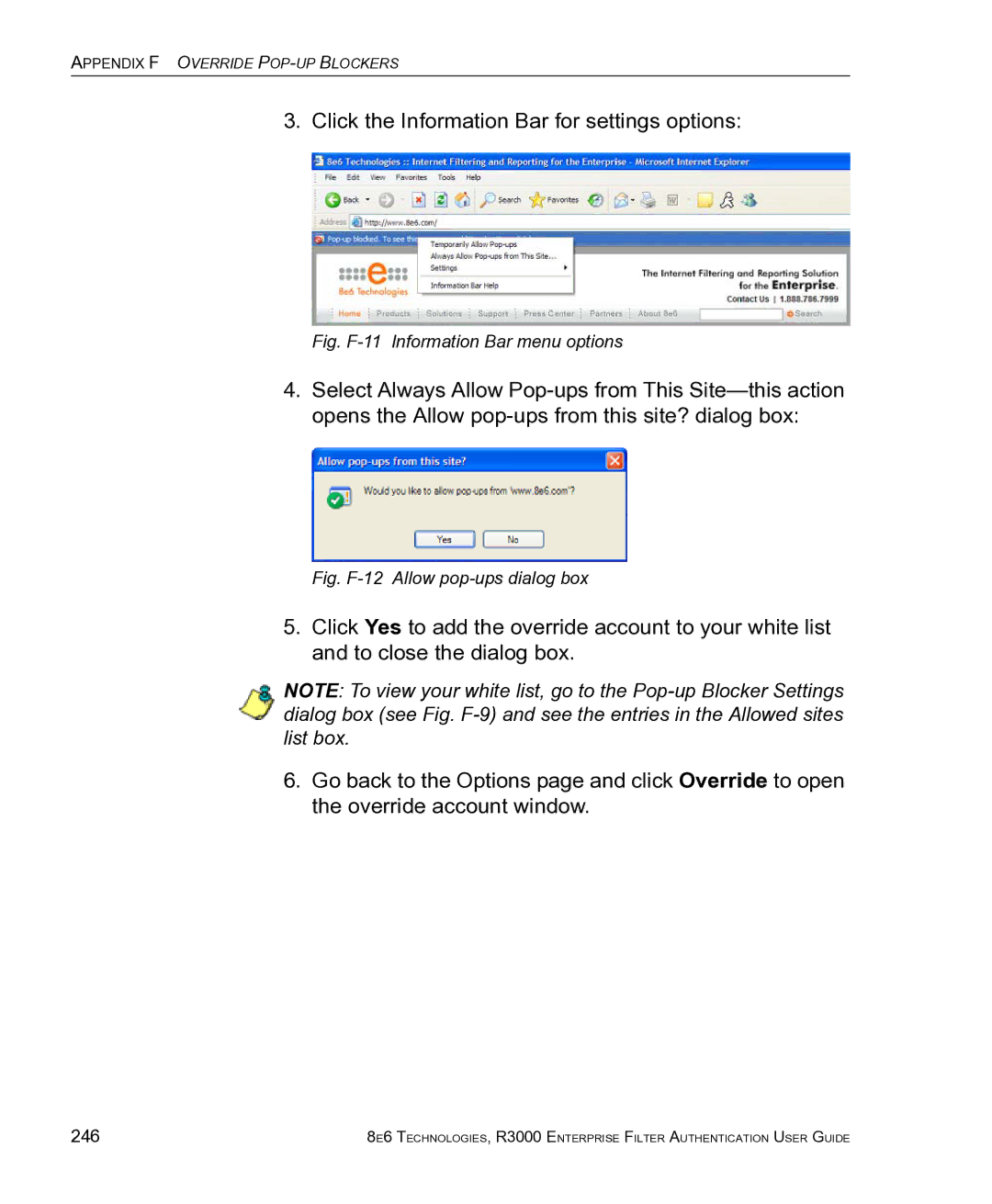 8e6 Technologies R3000 manual Fig. F-11 Information Bar menu options, 246 