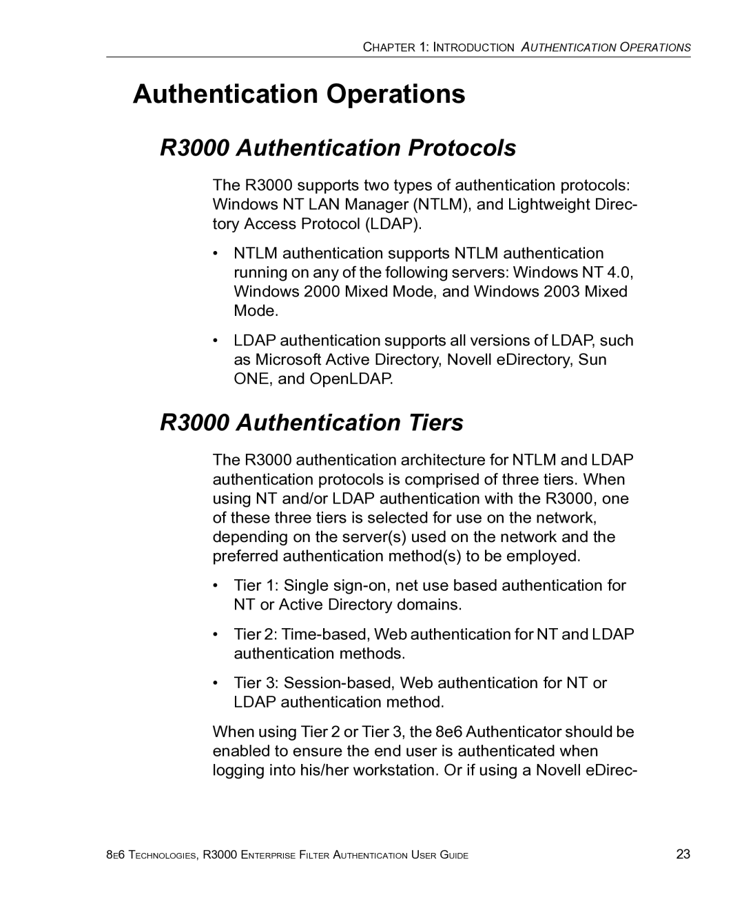 8e6 Technologies manual Authentication Operations, R3000 Authentication Protocols, R3000 Authentication Tiers 