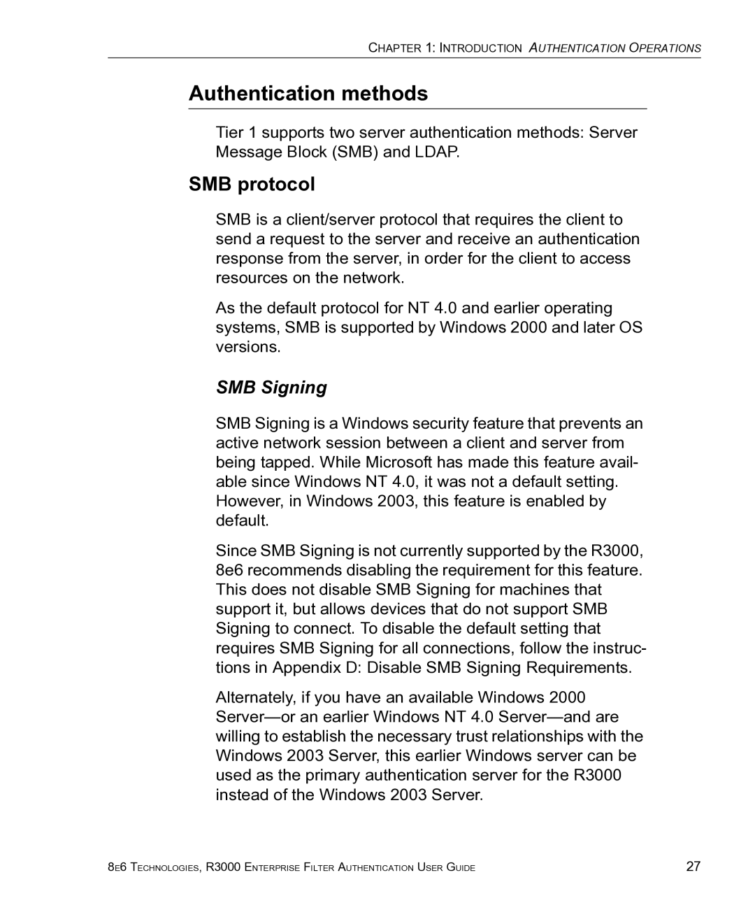 8e6 Technologies R3000 manual Authentication methods, SMB protocol 