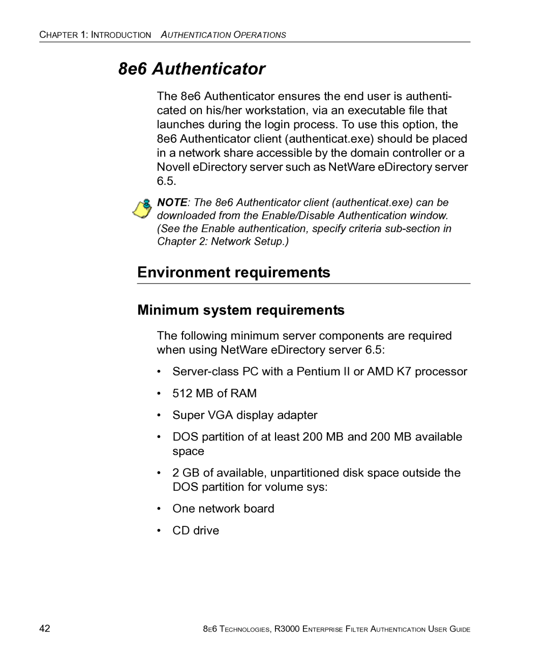 8e6 Technologies R3000 manual 8e6 Authenticator, Environment requirements, Minimum system requirements 