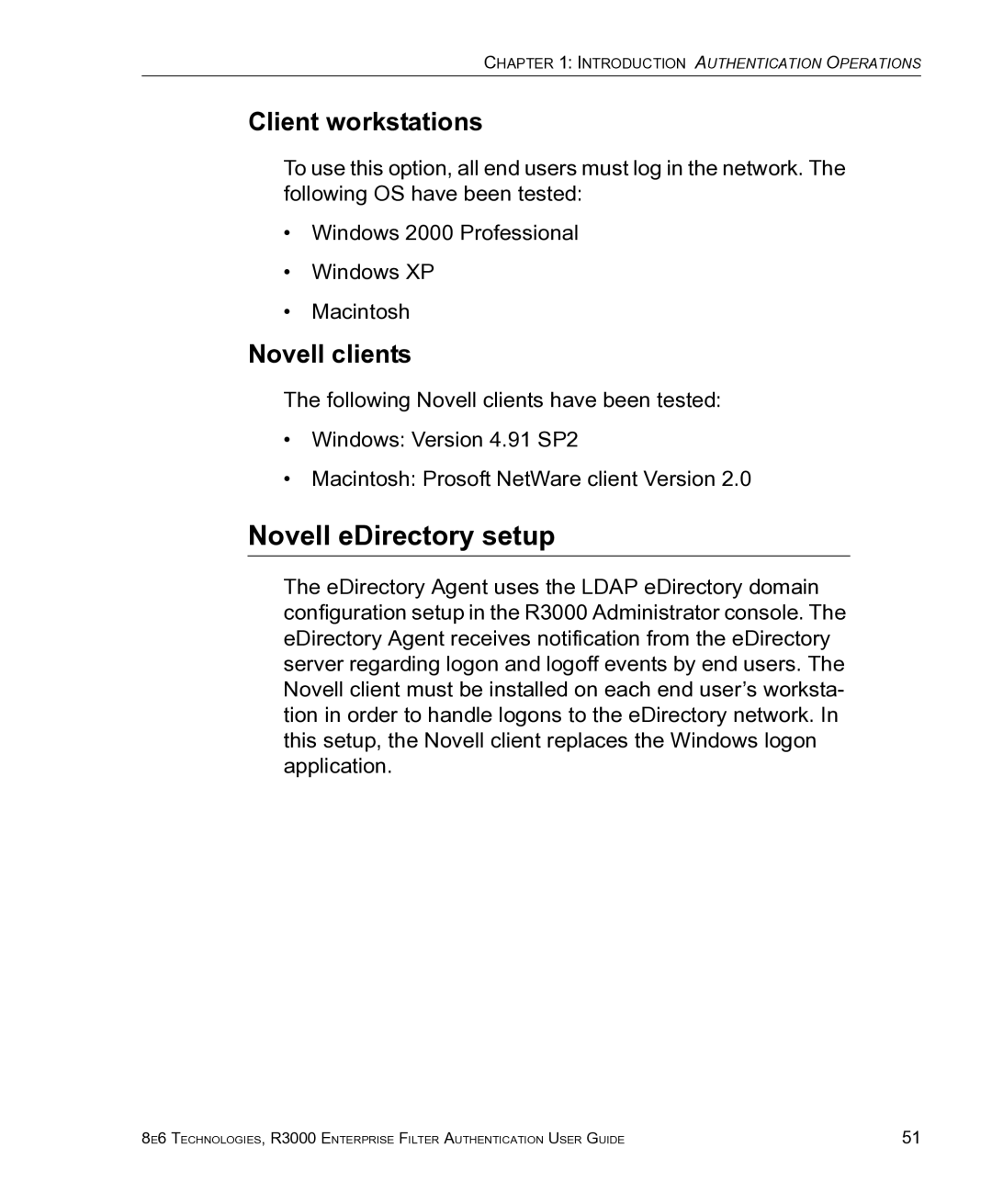 8e6 Technologies R3000 manual Novell eDirectory setup, Client workstations, Novell clients 