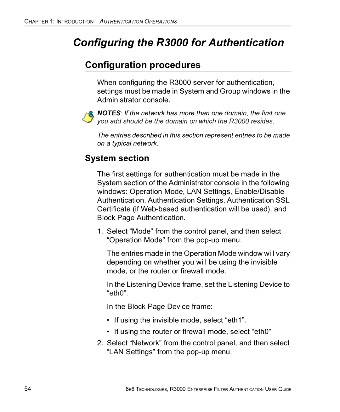 8e6 Technologies manual Configuring the R3000 for Authentication, Configuration procedures, System section 