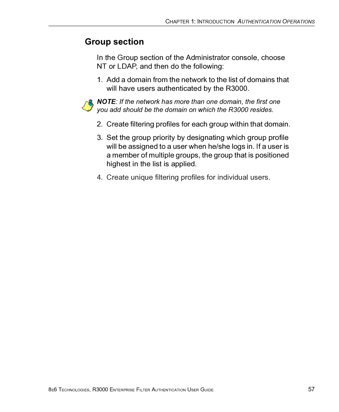 8e6 Technologies R3000 manual Group section, Create unique filtering profiles for individual users 