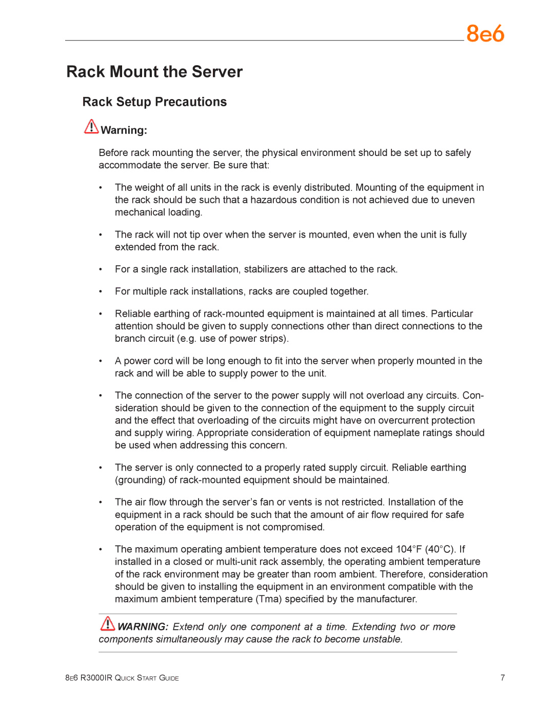 8e6 Technologies R3000IR quick start Rack Mount the Server, Rack Setup Precautions 