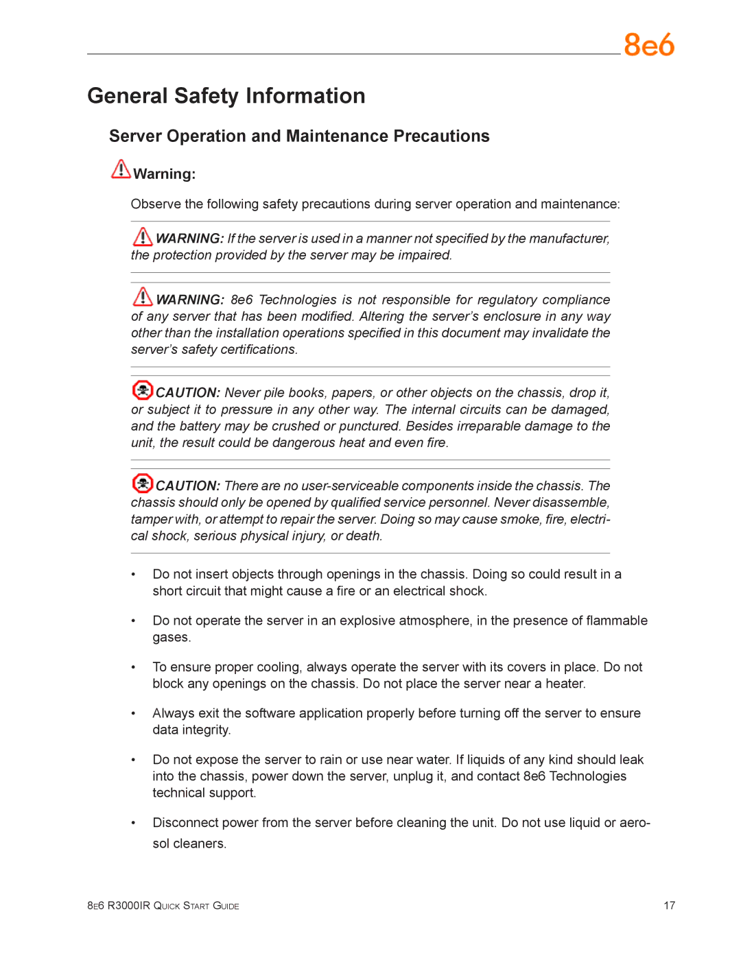 8e6 Technologies R3000IR quick start General Safety Information, Server Operation and Maintenance Precautions 