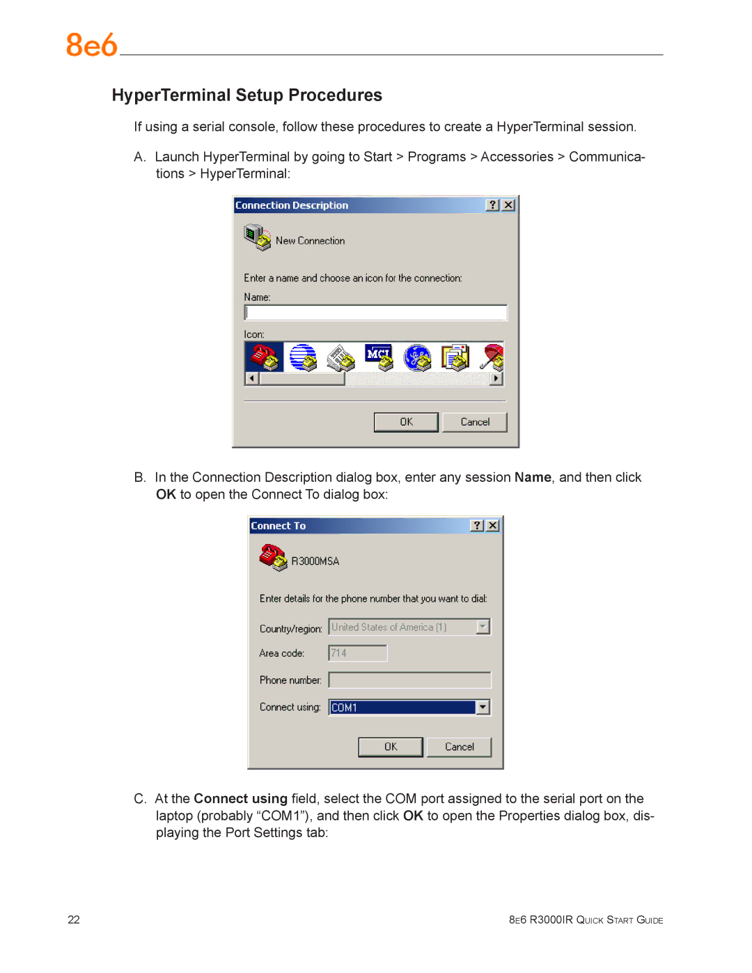 8e6 Technologies R3000IR quick start HyperTerminal Setup Procedures 