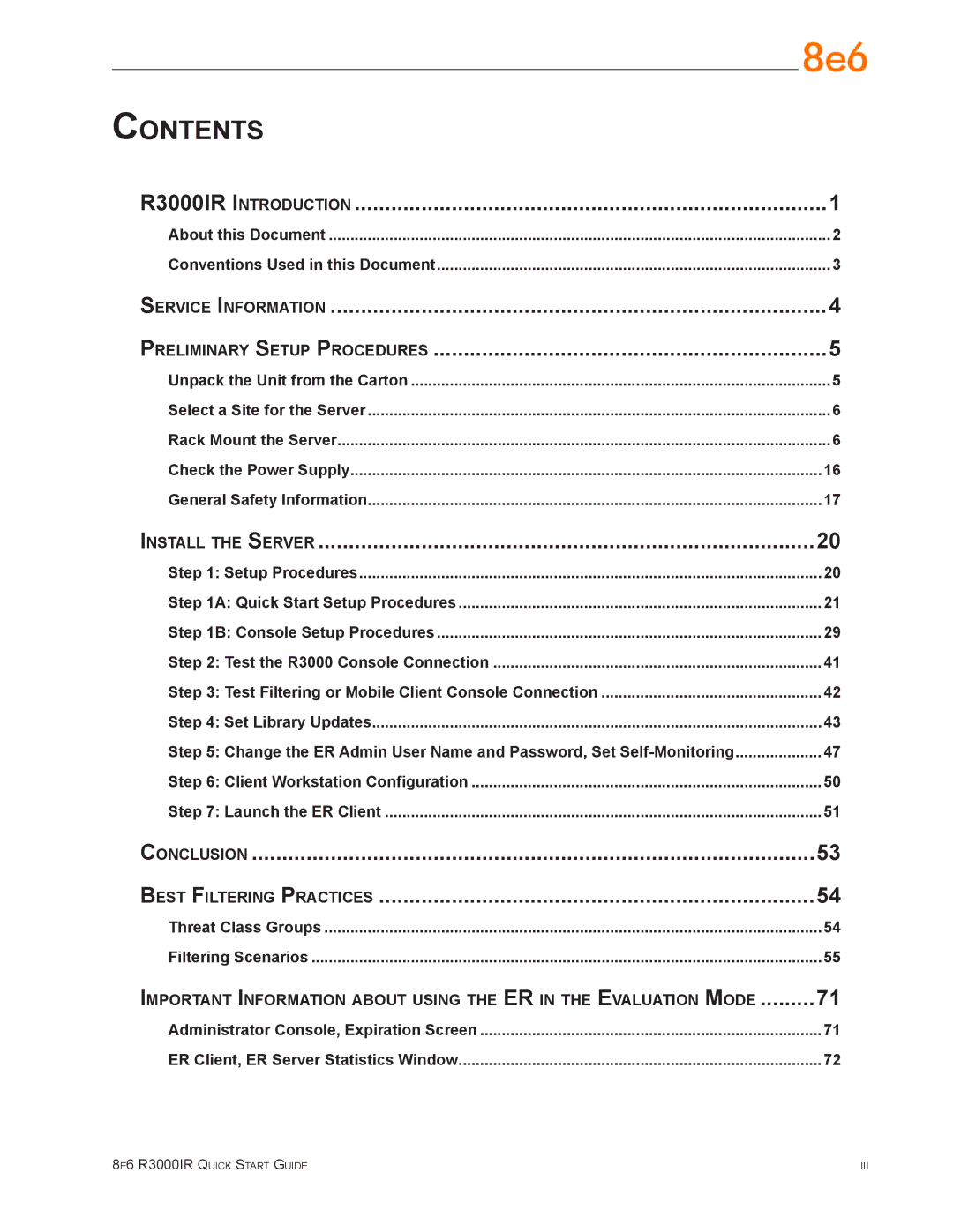 8e6 Technologies R3000IR quick start Contents 