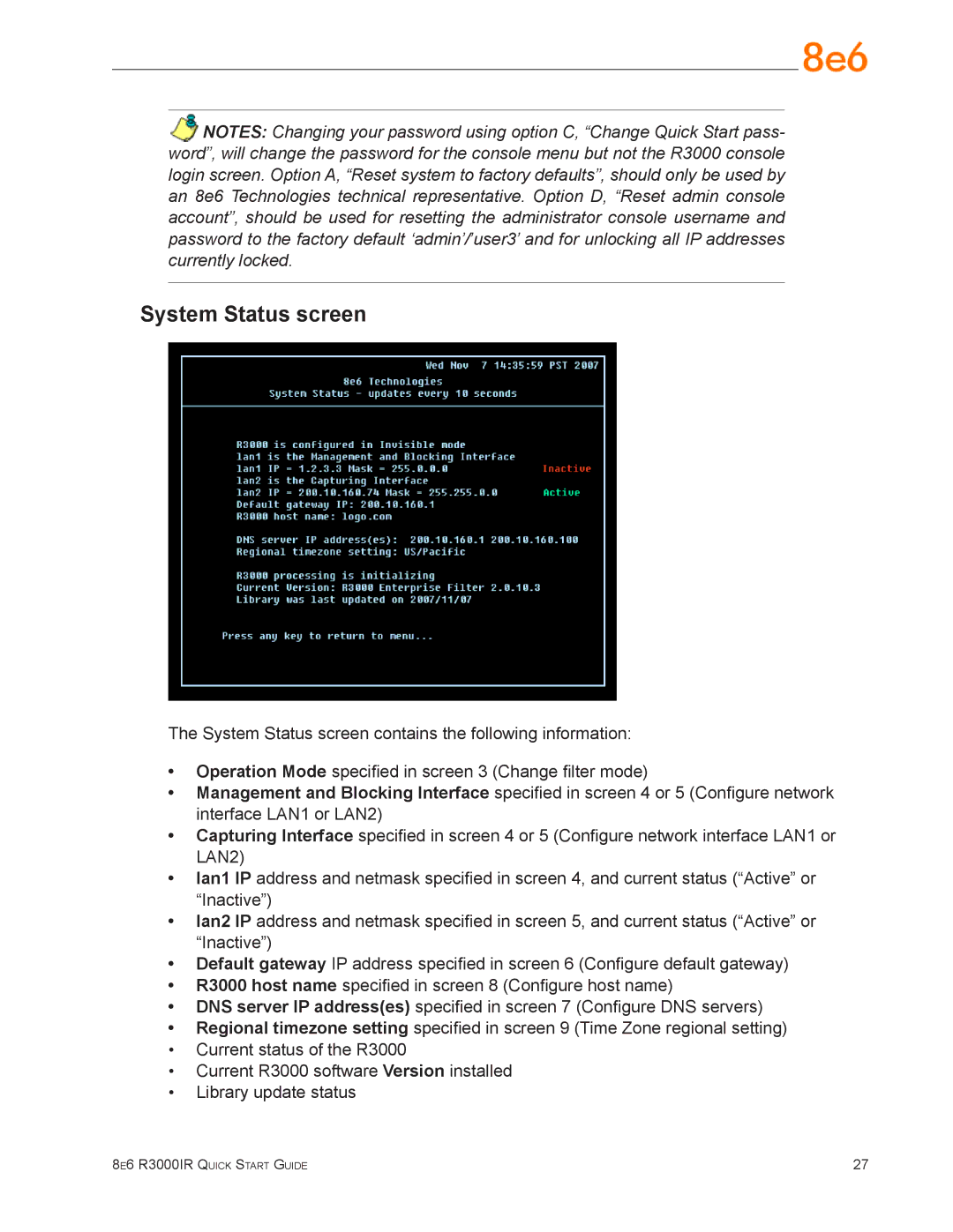 8e6 Technologies R3000IR quick start System Status screen, LAN2 